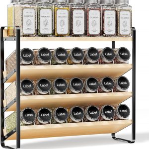 MUDEELA 4 Tier Spice Rack Organizer for Cabinet, Wooden Vertical Spice Shelf, Seasoning Organizer for Countertop, Kitchen, Pantry, Freestanding, 13.4" W × 11.2" H (No Jars Included), Black
