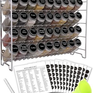 SWOMMOLY Spice Rack Organizer with 36 Empty Square Spice Jars, 396 Spice Labels with Chalk Marker and Funnel Complete Set, for Countertop, Cabinet or Wall Mount,Silver